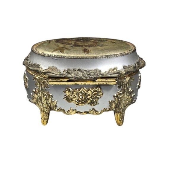 Vtg Sankyo Metal Footed Music Box Floral Hummingbird Engraved "Anna" Evergreen - Picture 3 of 8